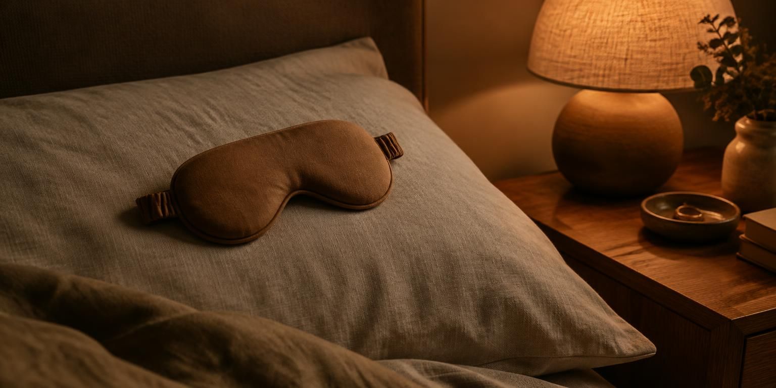 Brun sovemaske på en hørpude ved siden af et natbord med en dæmpet lampe