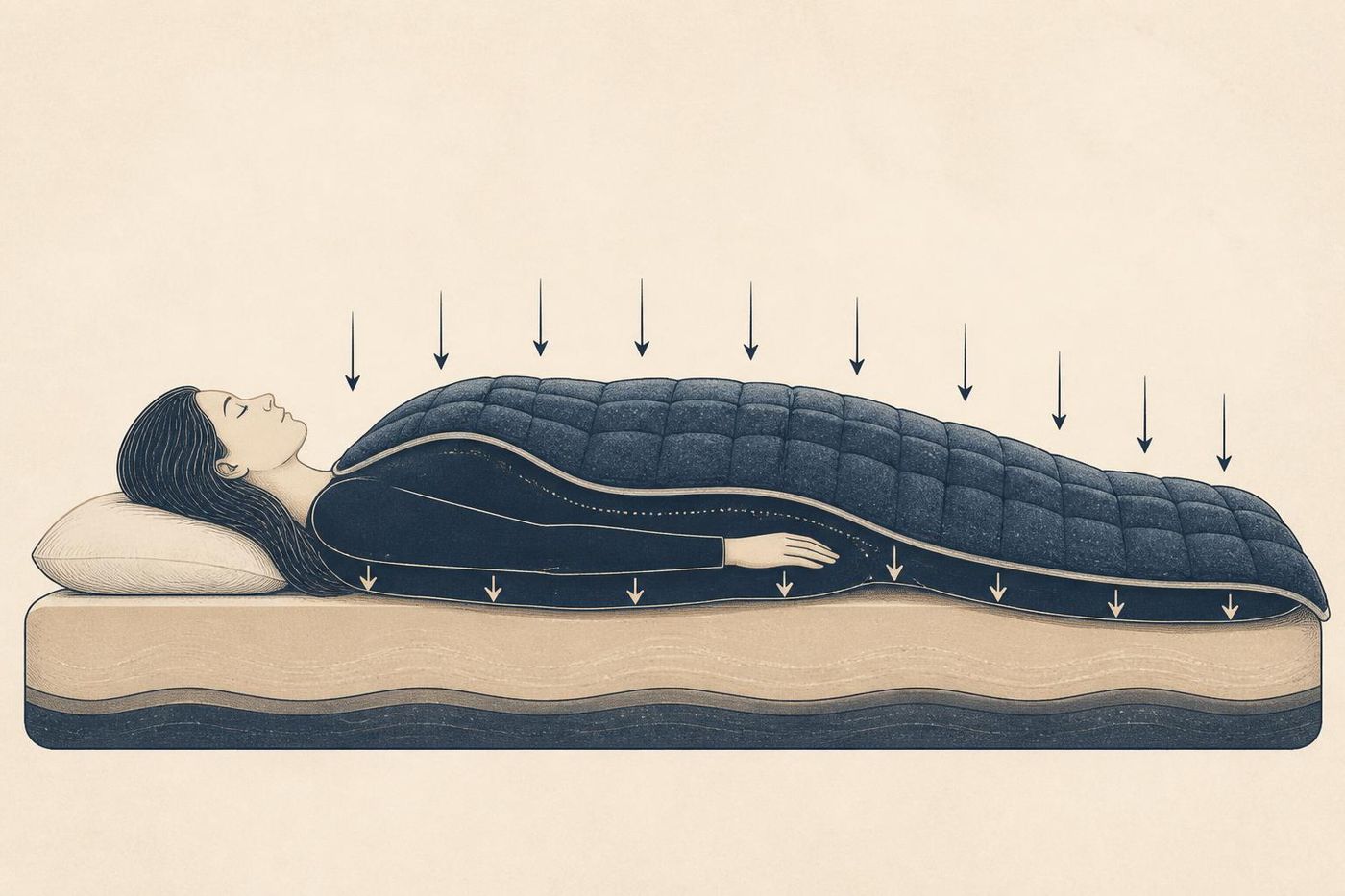 Illustration af deep pressure stimulation: jævnt nedadgående tryk fra en tung dyne fordeles over hele kroppen